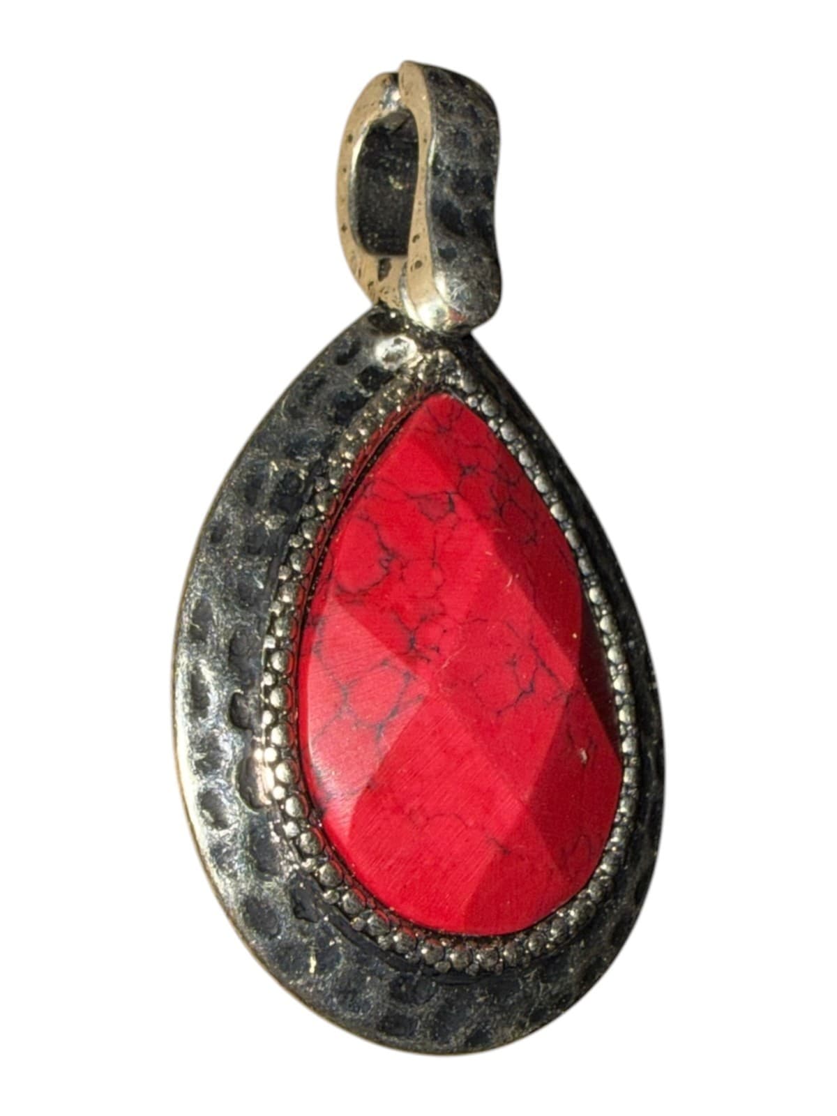 Vintage Teardrop Pendant Hammered Silver Two-tone Red Howlite Cream Stone Boho - Thumbnail 5