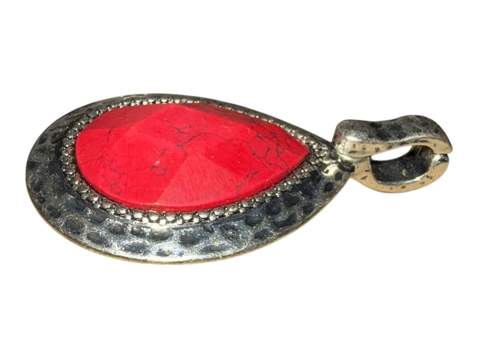 Vintage Teardrop Pendant Hammered Silver Two-tone Red Howlite Cream Stone Boho - Thumbnail 6