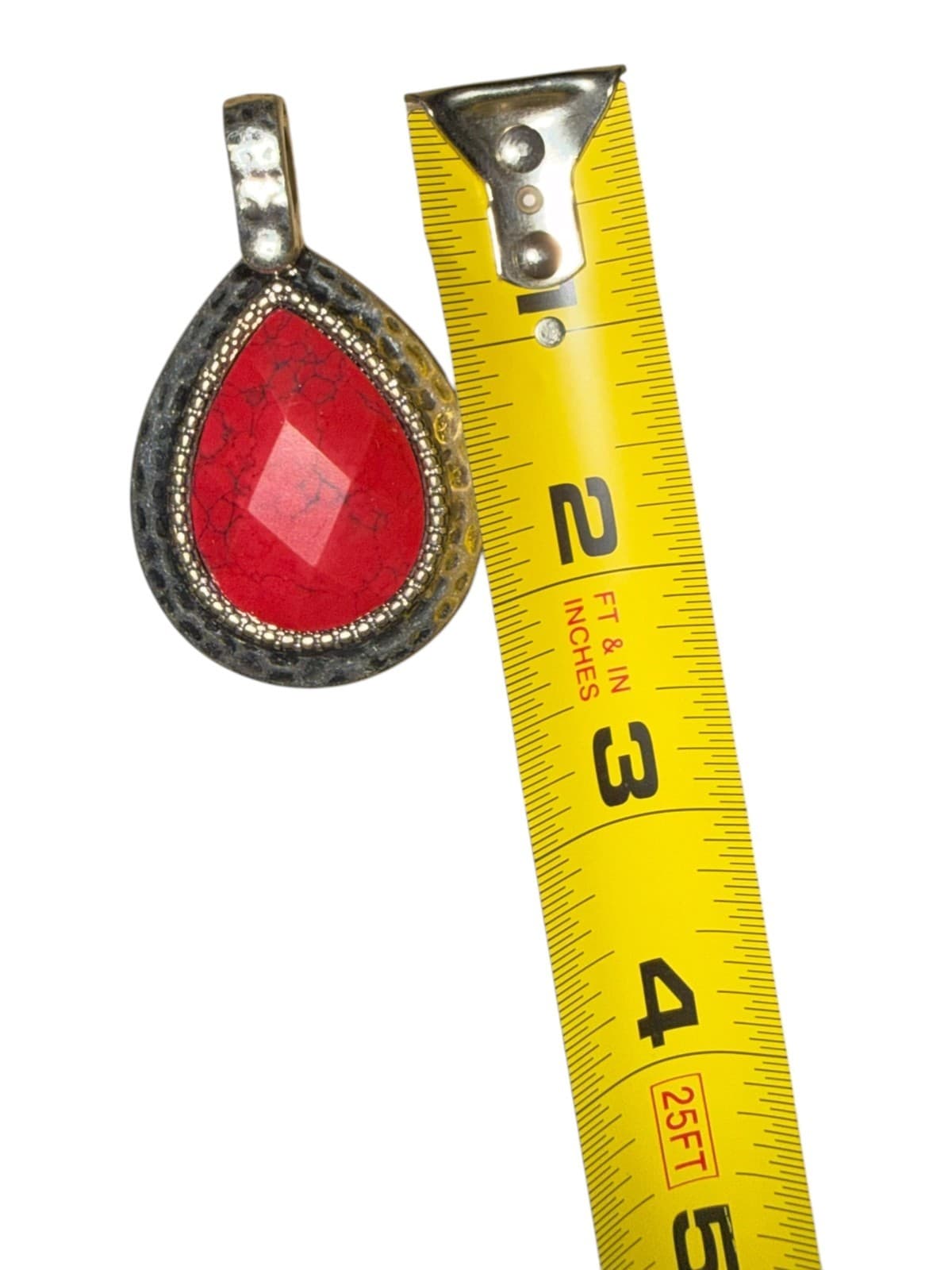 Vintage Teardrop Pendant Hammered Silver Two-tone Red Howlite Cream Stone Boho - Thumbnail 9