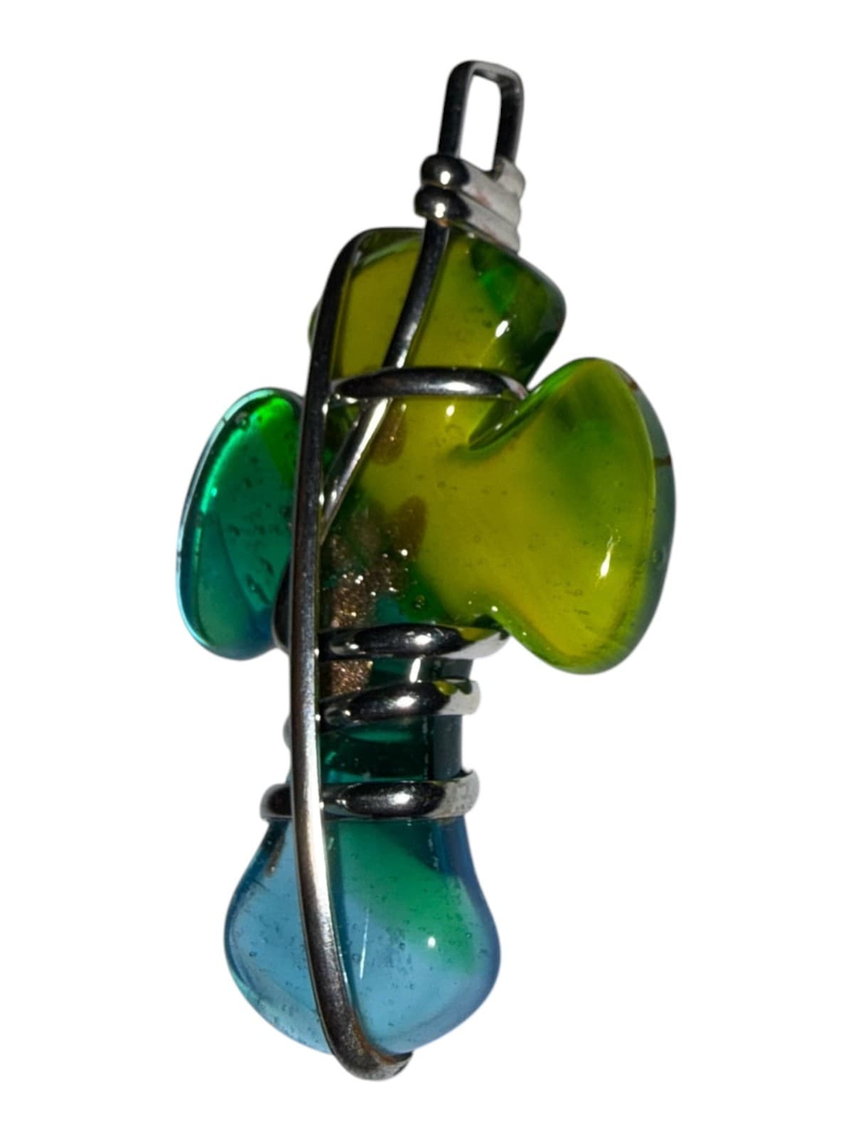 Handmade Glass Cross Pendant Wire Wrapped Green Blue Teal Religious - Thumbnail 5