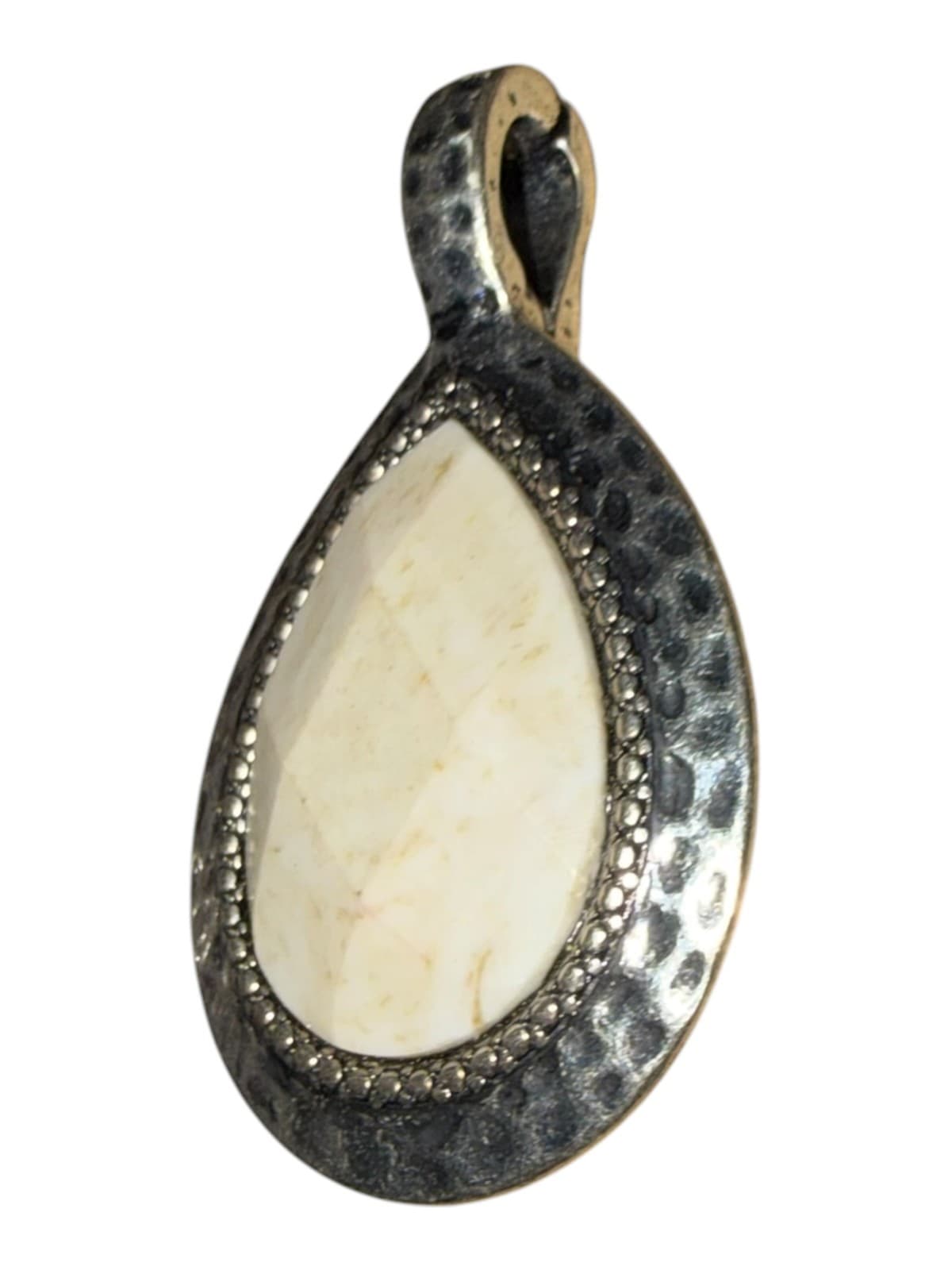 Vintage Teardrop Pendant Hammered Silver Two-tone Red Howlite Cream Stone Boho - Thumbnail 3