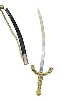 Decorative Curved Dagger w/ Scabbard Brass Tone Faux Gemstones 17” - Thumbnail 10