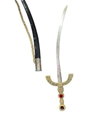 Decorative Curved Dagger w/ Scabbard Brass Tone Faux Gemstones 17” - Thumbnail 3