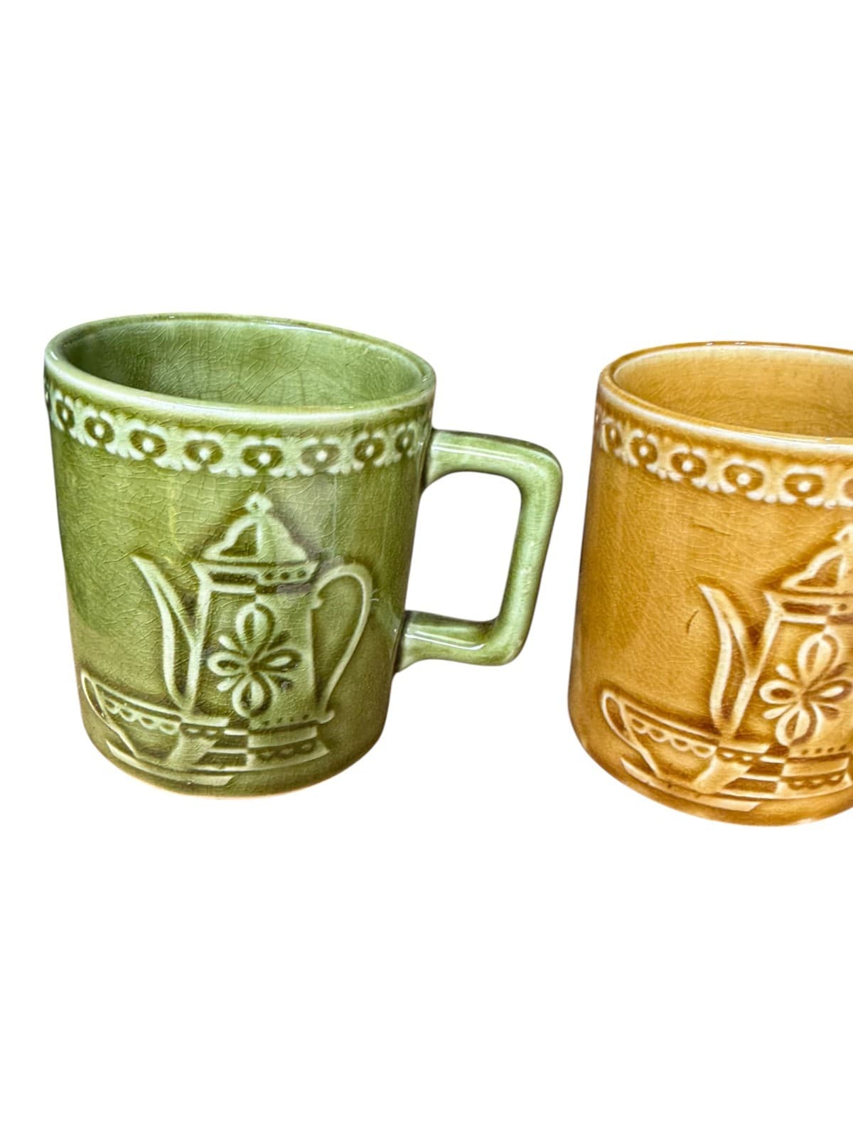 Lot of 2 Teapot Embossed Design Stacking Coffee Mugs Brown and Green Ceramic - Thumbnail 3
