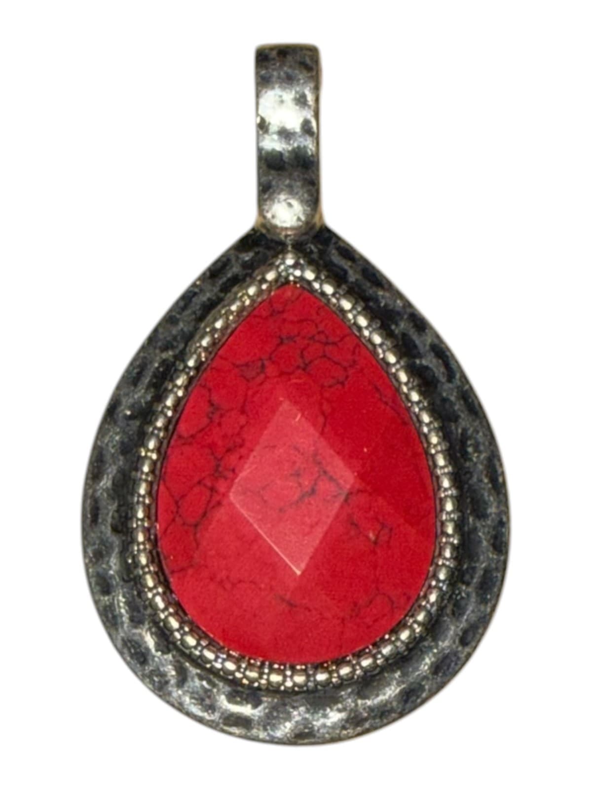 Vintage Teardrop Pendant Hammered Silver Two-tone Red Howlite Cream Stone Boho - Thumbnail 4