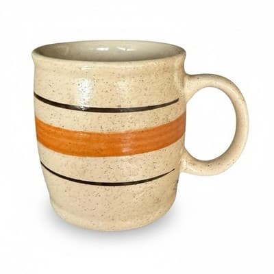 Vintage Sunny Korea Stoneware Mug - Orange & Black Striped Speckled Pottery - Image 1