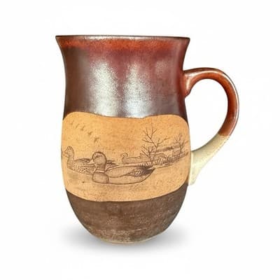 Handmade Pottery Mug - Sgraffito Ducks Marsh Scene Rustic Stoneware Coffee Cup - Image 1