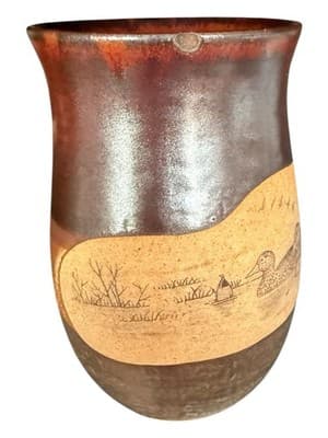 Handmade Pottery Mug - Sgraffito Ducks Marsh Scene Rustic Stoneware Coffee Cup - Thumbnail 3