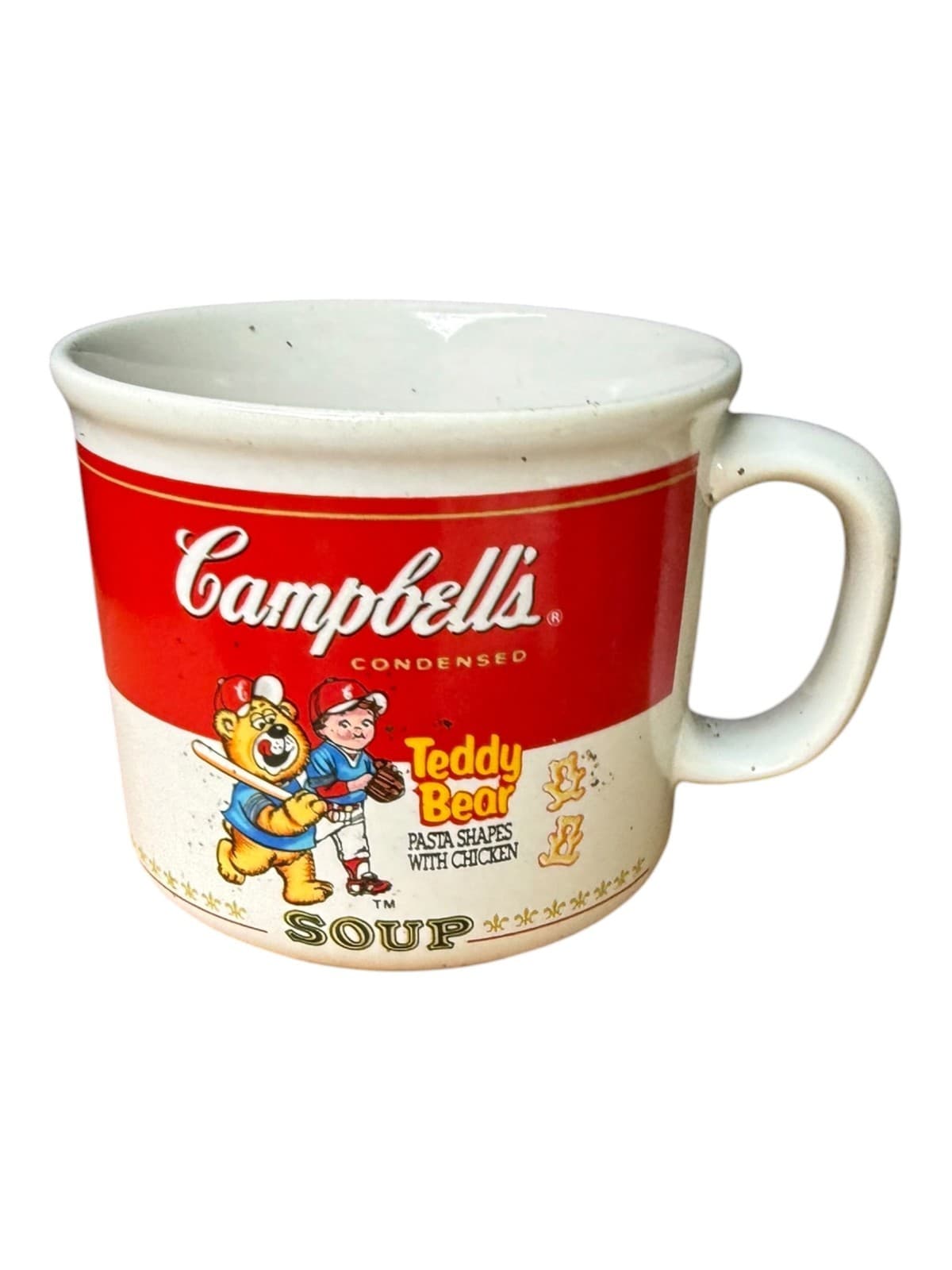 Vintage 1989 Campbell's Soup Teddy Bear Pasta Shapes Baseball Ceramic Mug Cup - Image 1
