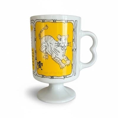 Vintage 1970s-80s Year of the Tiger Zodiac Mug Bamboo Frame Pedestal Base - Image 1