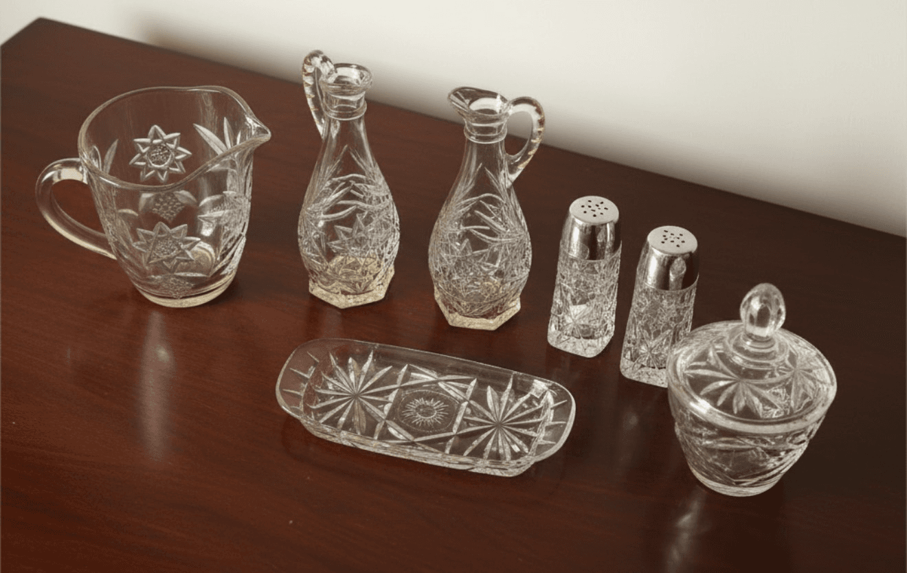 Vintage Star Cut Crystal Table Condiment Set 2 Cruets, S&P Shakers, Sugar, Cream - Thumbnail 2