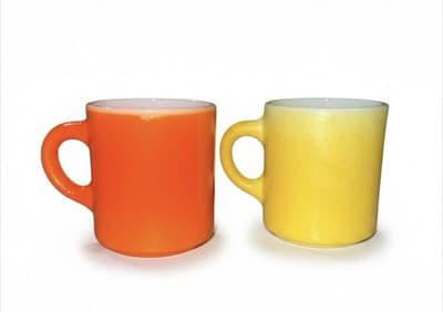Vintage Hazel Atlas Orange Peel ORANGE YELLOW Painted Milk Glass Cups Mugs Pair - Image 1