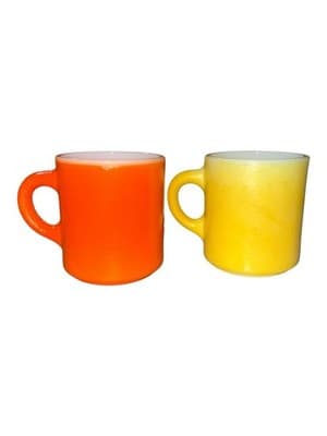 Vintage Hazel Atlas Orange Peel ORANGE YELLOW Painted Milk Glass Cups Mugs Pair - Thumbnail 2