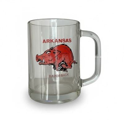 Vintage Arkansas Razorbacks Glass Beer Mug NCAA Hog Logo Clear Glass - Image 1