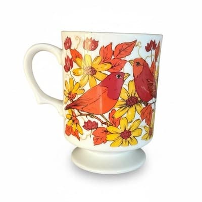 Vintage 1970s Japan Pedestal Mug Red Cardinals Autumn Floral Cream - Image 1