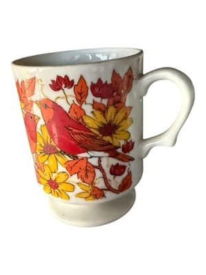 Vintage 1970s Japan Pedestal Mug Red Cardinals Autumn Floral Cream - Thumbnail 4
