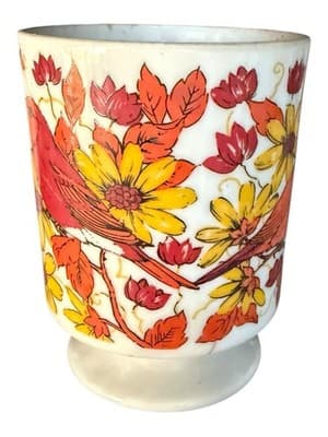 Vintage 1970s Japan Pedestal Mug Red Cardinals Autumn Floral Cream - Thumbnail 3