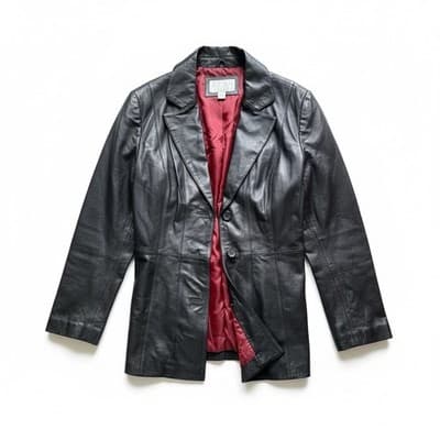 Worthington Women’s Leather Blazer Jacket Black Red Lined Size Large Genuine - Thumbnail 2