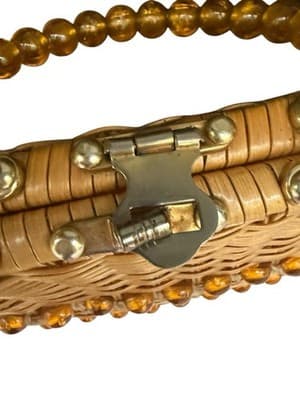 Handmade Wicker Basket Purse with Amber Glass Bead Trim Boho Straw Tote Bag - Thumbnail 8