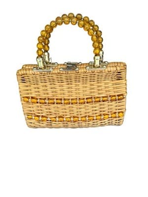 Handmade Wicker Basket Purse with Amber Glass Bead Trim Boho Straw Tote Bag - Thumbnail 6