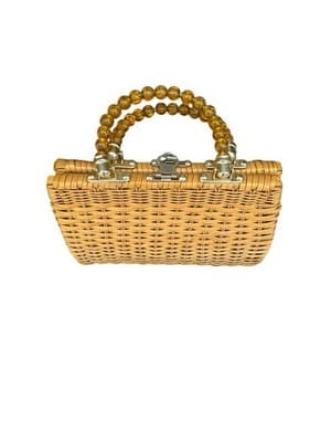 Handmade Wicker Basket Purse with Amber Glass Bead Trim Boho Straw Tote Bag - Thumbnail 3