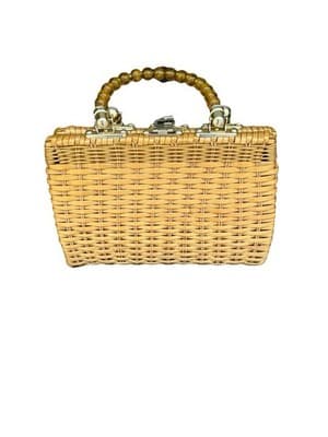 Handmade Wicker Basket Purse with Amber Glass Bead Trim Boho Straw Tote Bag - Thumbnail 2