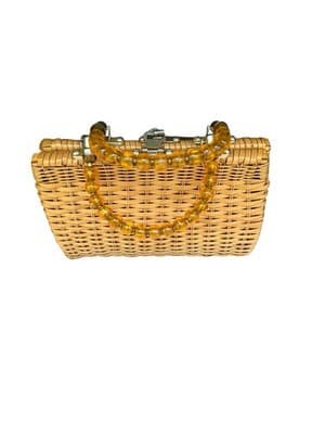 Handmade Wicker Basket Purse with Amber Glass Bead Trim Boho Straw Tote Bag - Thumbnail 5