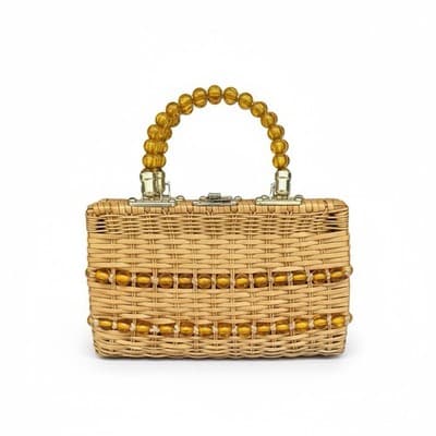 Handmade Wicker Basket Purse with Amber Glass Bead Trim Boho Straw Tote Bag - Image 1