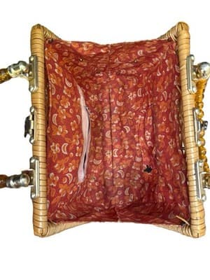 Handmade Wicker Basket Purse with Amber Glass Bead Trim Boho Straw Tote Bag - Thumbnail 9