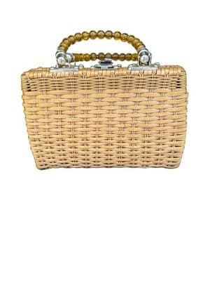 Handmade Wicker Basket Purse with Amber Glass Bead Trim Boho Straw Tote Bag - Thumbnail 4