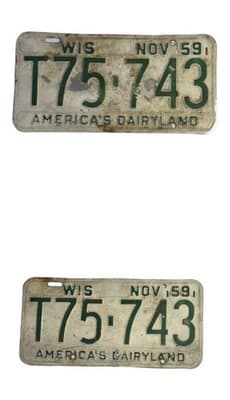 Matching Pair 1959 Wisconsin License Plates T75-743 America’s Dairyland - Image 1