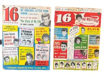 16 Magazine Feb & Aug 1960 Fabian Jimmy Clanton Bobby Darin James Lot of 2 - Image 1