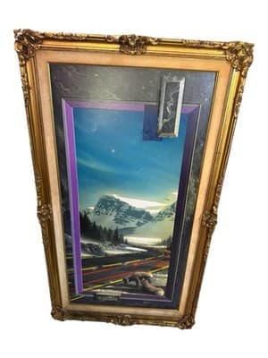 W. Vaughn Banff Glacier Sheep Surreal Oil Painting 55x31 Framed - Image 1