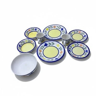 Gibson Designs Dahlia 9 Pc Dinnerware Set Plates Bowls Mugs Yellow Floral - Image 1