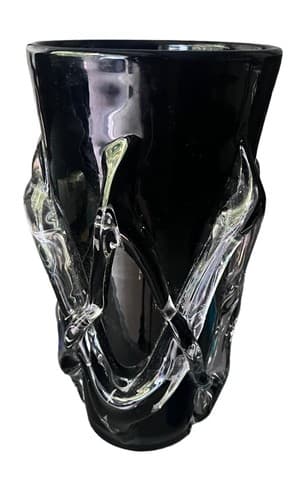 Vintage Black and Clear Glass Art Vase - Mid-Century Modern Decor 12 Inch - Thumbnail 2