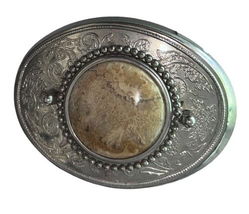 Vintage Western Belt Buckle with Natural Stone Inlay - Ornate Silver Tone - Thumbnail 3