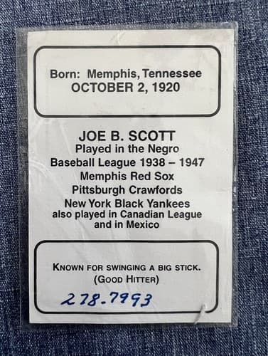 Joe B. Scott Autographed Negro League Baseball Card ‘Yesterday’s Baseball’ Rare - Thumbnail 2