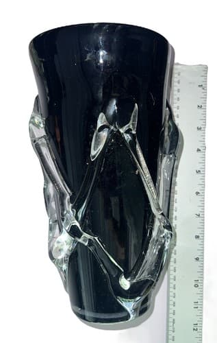 Vintage Black and Clear Glass Art Vase - Mid-Century Modern Decor 12 Inch - Thumbnail 5