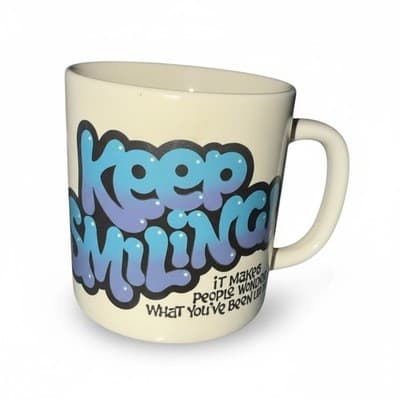 1980's Coffee Mug Vintage KEEP SMILING Makes People Wonder What Been Up To - Image 1