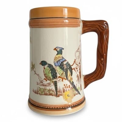 Vintage Japan Pheasant Bird Beer Stein Crackle Glaze Wood Handle Mug - Image 1