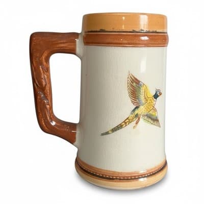 Vintage Japan Pheasant Bird Beer Stein Crackle Glaze Wood Handle Mug - Thumbnail 2