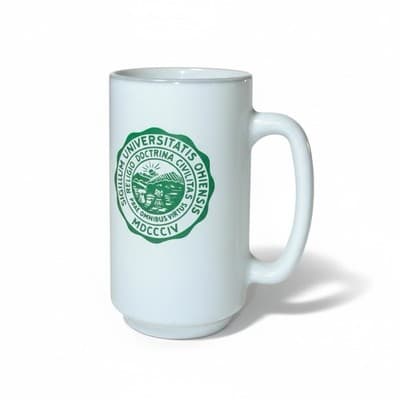 Vintage Ohio University Milk Glass Mug Green Seal Diner Coffee Cup OU Athens