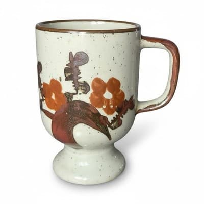 Vintage Japanese Stoneware Pedestal Mug Speckled Floral Coffee Cup 1970s - Image 1