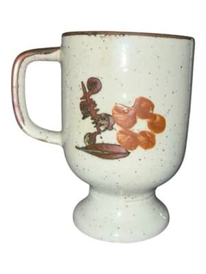 Vintage Japanese Stoneware Pedestal Mug Speckled Floral Coffee Cup 1970s - Thumbnail 3