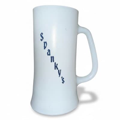 Vintage Spanky’s Milk Glass Beer Stein Frosted Bar Restaurant Mug