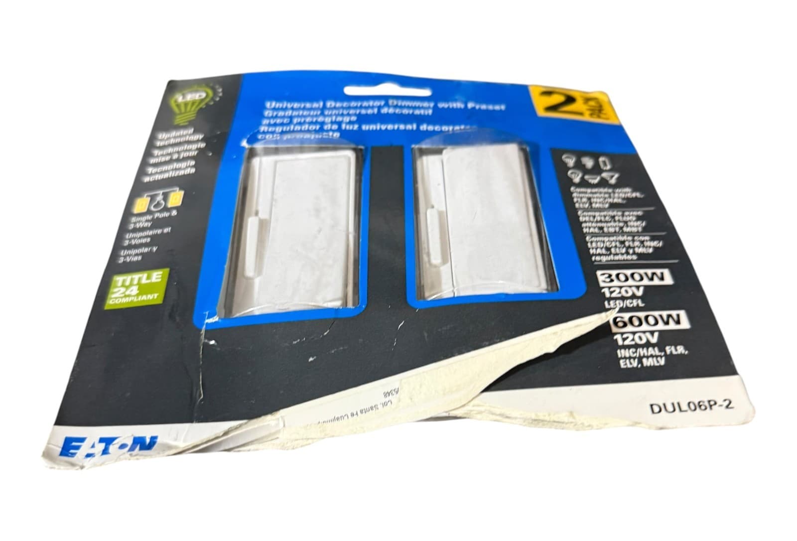 2 Pack Eaton DUL06P-2 Universal Dimmer Switches White White LED CFL 3-Way NEW - Thumbnail 2