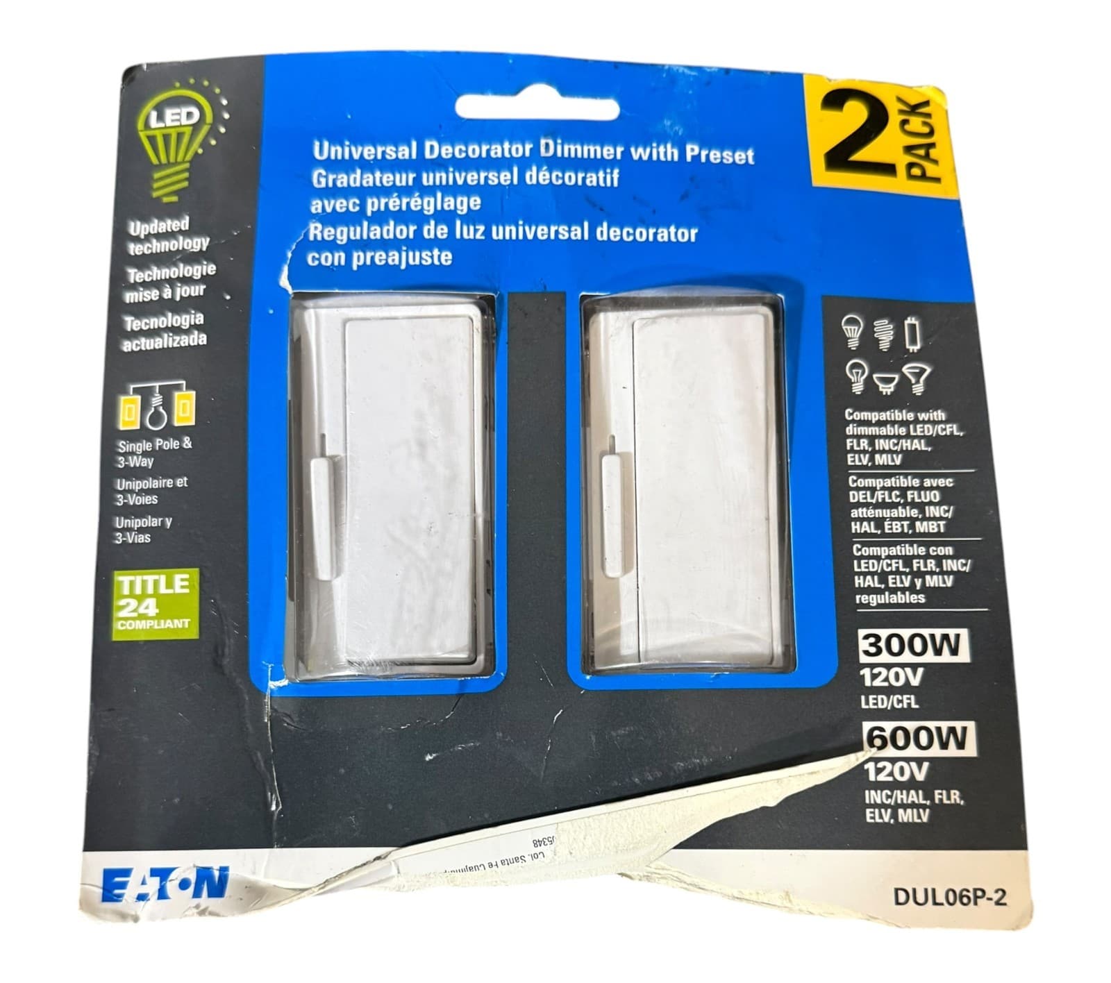 2 Pack Eaton DUL06P-2 Universal Dimmer Switches White White LED CFL 3-Way NEW - Image 1