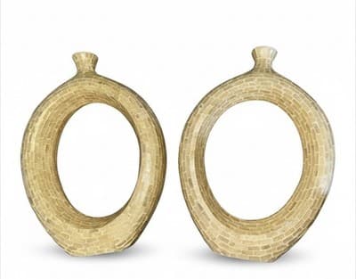 Pair Mosaic Ring Vases Decorative Tabletop Sculptures Beige 15” Modern - Image 1