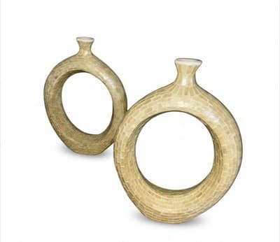 Pair Mosaic Ring Vases Decorative Tabletop Sculptures Beige 15” Modern - Thumbnail 2