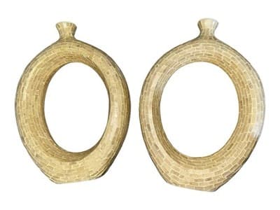 Pair Mosaic Ring Vases Decorative Tabletop Sculptures Beige 15” Modern - Thumbnail 7